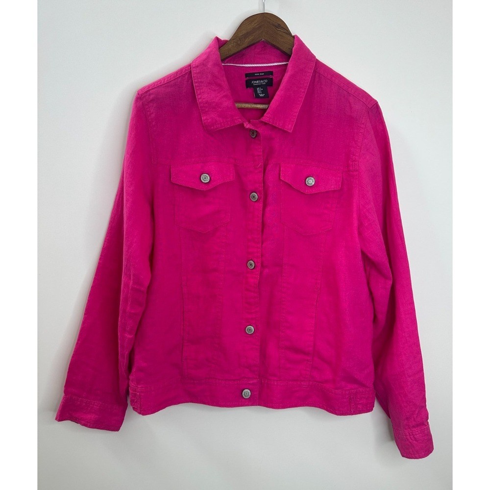 Jones & Co 100% Linen Jones New York Pink Trucker Jacket Large Fuchsia Layering - Picture 2 of 10